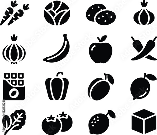 Set of Black and White Vector Icons Depicting Various Fruits and Vegetables for Healthy Eating and Nutrition