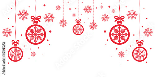 Red and white Christmas banner border featuring a pattern of hanging stylized ornaments and large snowflakes, creating a festive header or footer. The minimalist design provides central negative space