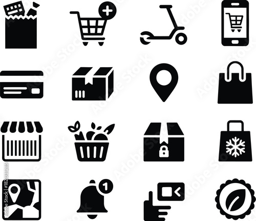 Comprehensive collection of e-commerce and online shopping elements, featuring icons for grocery delivery, shopping cart additions, mobile retail apps, and secure payment methods