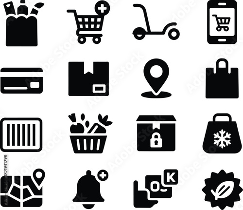 Online Shopping and Delivery Icons Cart, Package, Location, Credit Card, Barcode, and More