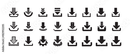 Set of 30 download icons different styles, collection of linear and solid download symbols