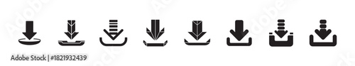 Set of download icons, vector symbol of downloading files, different styles of arrow to storage
