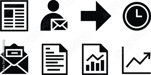 Collection of icons representing business and communication newspaper, email, progress, and time management