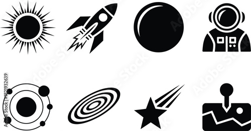Space Travel and Exploration Icons Sun, Rocket, Planet, Astronaut, Galaxy, Star, and Controller