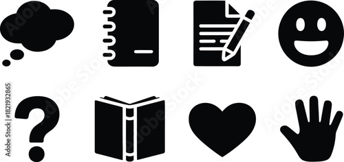 Iconic Set of Illustrations Thought Bubble, Notebook, Document, Emoji, Question Mark, Book, Heart, Hand Icons