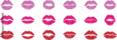 Vibrant lipstick kiss marks in assorted colors. Glossy lip print collection arranged in rows. Perfect for beauty, romance, and cosmetic design themes.