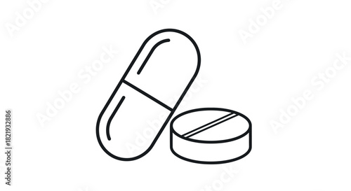 Capsule and Tablet Medication Line Art Illustration.