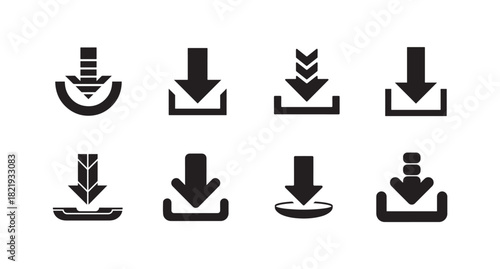 Set of black download icons, collection of various arrow symbols indicating content acquisition