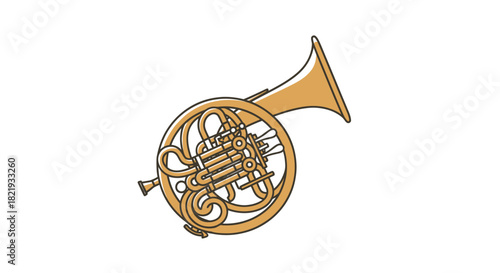 A simple illustration of a golden French horn a classical brass wind instrument.