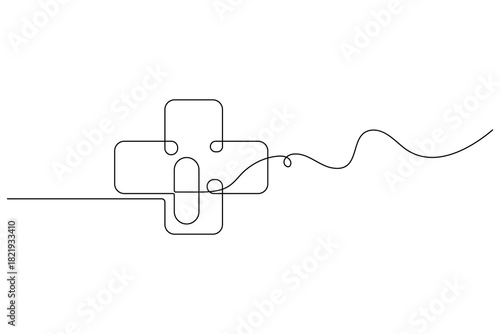 Continuous line drawing of medical cross and capsule