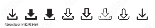 Set of black download icons, various styles for web and app interface, vector graphic elements