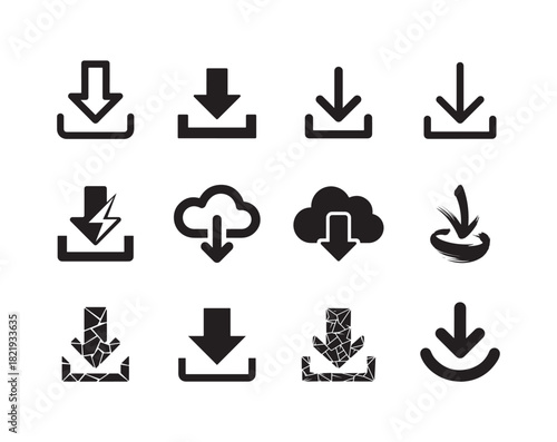 Set of black download icons featuring various designs including clouds lightning and shattered effects