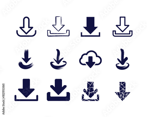 Collection of blue download icons in various styles including hand-drawn and solid designs