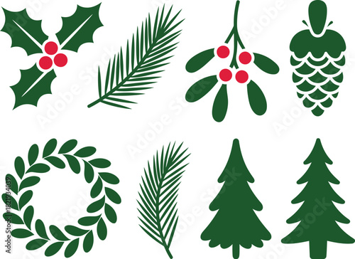 Christmas Elements Collection Festive Holly, Pine, Mistletoe, and More Green Holiday Icons
