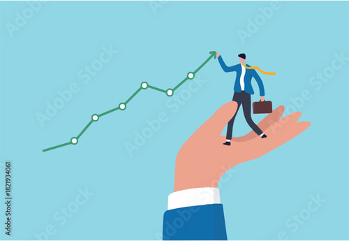Drive sale increasing profit, business growth planning, support or help to increase income or profit, wealth management or investment concept, businessman standing on helping hand pull up rising graph