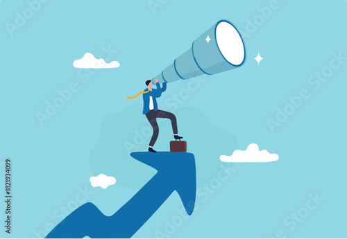 Business opportunity or investment and market prediction, future growth or career development vision, profit and earning forecast concept, businessman climb up rising arrow with big telescope spyglass