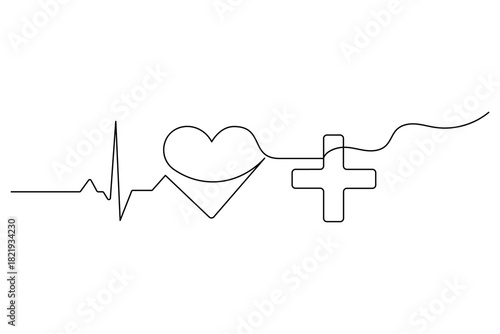 Heartbeat line with heart and medical cross one line drawing