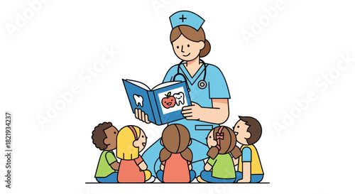 Nurse Reading a Storybook to a Group of Children.