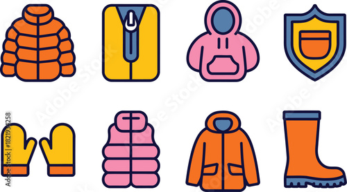 A vibrant collection of winter apparel and cold weather accessory icons, ideal for seasonal fashion and protective gear themes