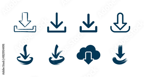 Assortment of blue download icons in various styles including hand-drawn and cloud designs