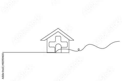 Medical cross inside house symbol one line art vector