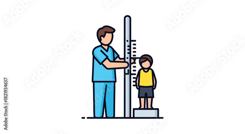 Doctor Measuring Childs Height with Stadiometer Pediatric Checkup Illustration.