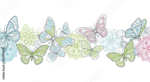 Delicate Watercolor Butterflies Fluttering Among Soft Pastel Flowers.