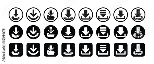 Set of black download icons with various styles including brushed, folder, and plain designs