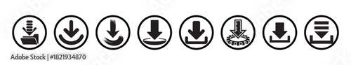 Diverse set of black circular download icons featuring various designs like folders and brushed strokes