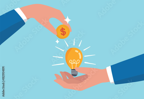 Crowd funding, new business or start up company to get money or venture capital to support or sponsor business concept, businessman hand giving money dollar coin to new business idea light bulb