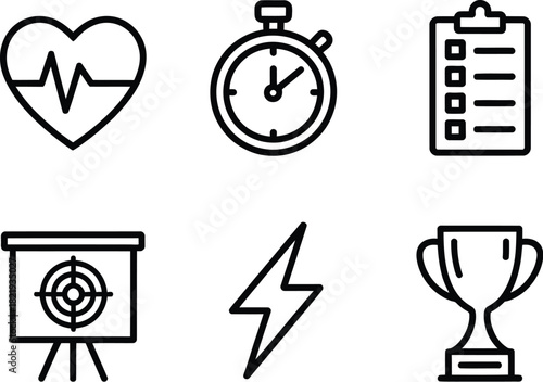 Collection of six icons representing fitness, time, goals, and achievement in a clean, modern style