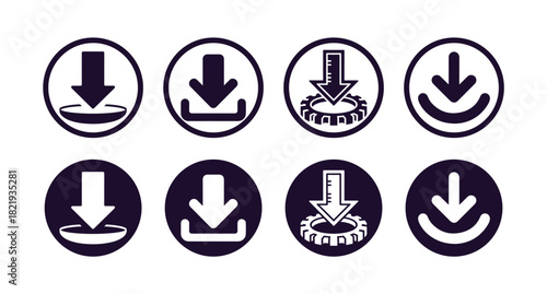Collection of download icons in various styles for user interface design, isolated on white background