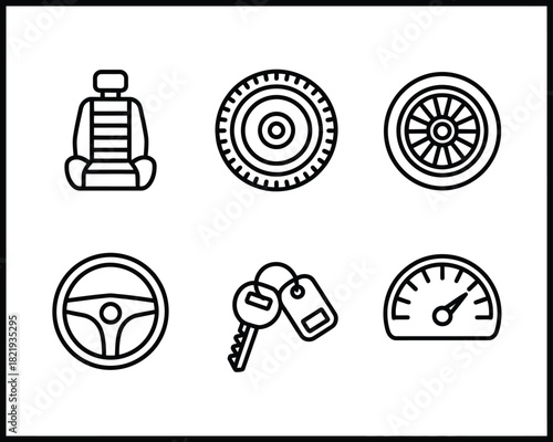 A clean line icon set of essential automotive components, featuring a car seat with a headrest, a tire with tread, and a spoked wheel rim