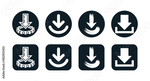 Collection of download icons for user interface design, including various button shapes and styles