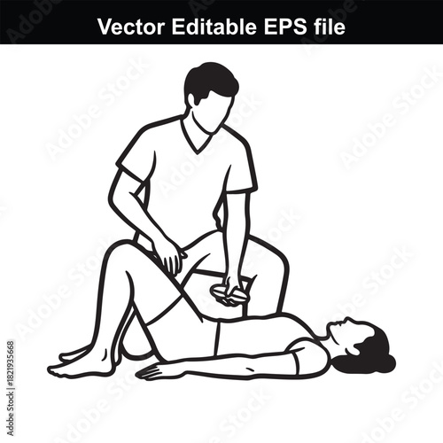 Illustration of a person performing cpr on another person lying on the ground, isolated on white background