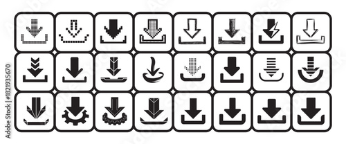 Download icon collection with various styles of arrows pointing downwards into a tray or line
