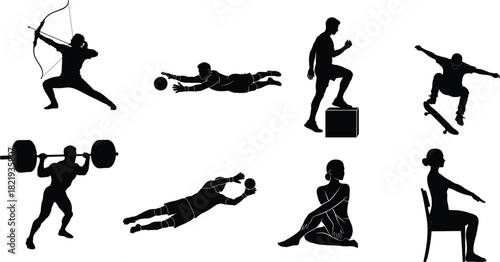 Silhouette collection of athletes performing various sports and exercises for fitness and healthy lifestyle concepts