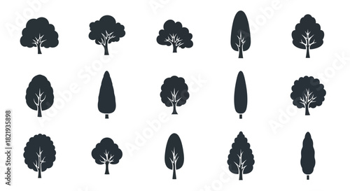 Collection of Silhouetted Trees in Various Shapes and Styles for Design and Decoration