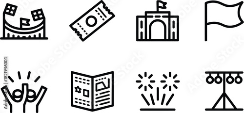 Line Art Icons Set Tickets, Festivals, and Celebrations Iconography