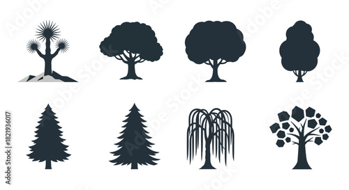 Nature's Rich Diversity A Comprehensive Collection of Stylized Tree Silhouettes, Featuring Various Species for Graphic Design, Illustrations, and Eco-Themed Projects