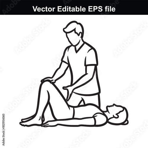 Line art illustration of a physical therapist assisting a patient with leg exercises, isolated on white background