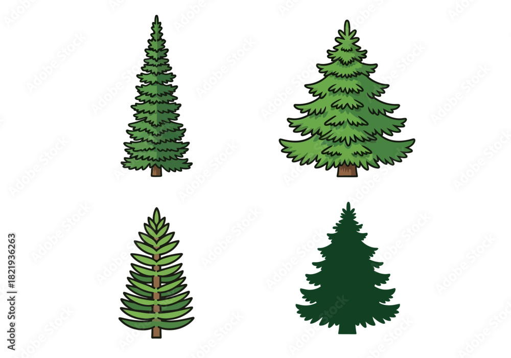 Fototapeta premium Collection of diverse coniferous evergreen tree illustrations for nature and landscape design