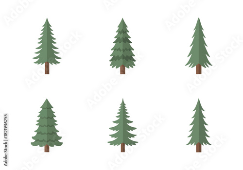 Collection of stylized evergreen trees, showcasing various shapes and sizes for nature-themed designs