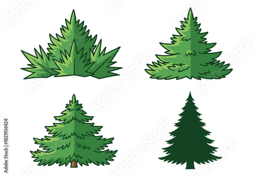 Set of four stylized cartoon evergreen fir trees, including a bush and a silhouette, isolated on a white background for design