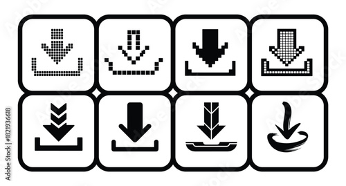 Collection of 8 download icons in square frames with a black outline on a white background
