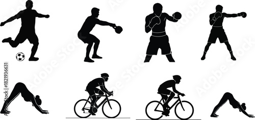 Diverse sports silhouettes athletes in action showcasing football baseball boxing cycling and yoga poses on white