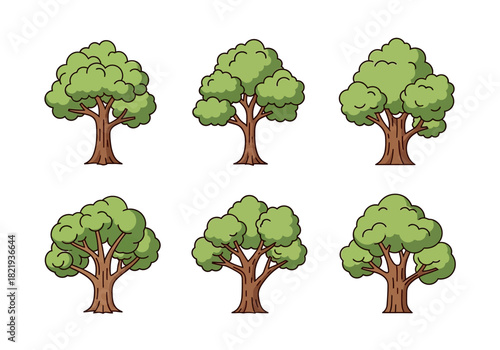 Versatile set of six stylized cartoon green trees, with unique foliage and sturdy brown trunks, perfect for nature illustrations, game assets, and educational digital design projects