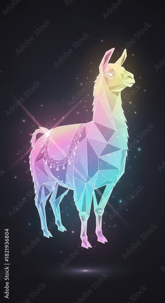 Fototapeta premium Luminous polygonal animal figure glows with rainbow gradients against a dark backdrop