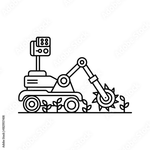 Agricultural robot tilling soil with plants, smart farming technology