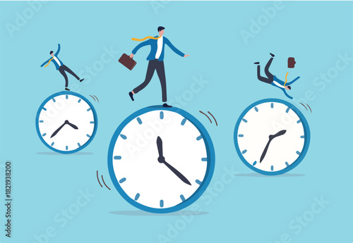 Time management, work schedule and deadline or productivity and efficiency work concept, businessmen riding rolling clock face with confidence skillful man in the middle success manage to reach target